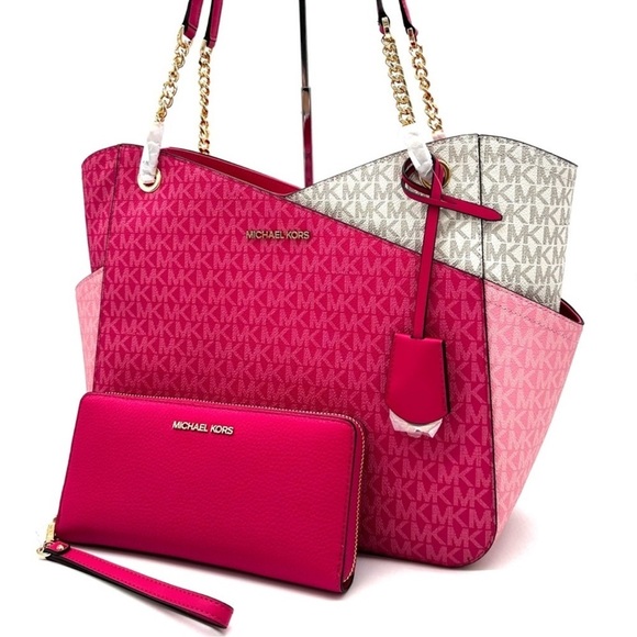 Michael Kors Handbags - Michael Kors Large X Chain Shoulder Tote Bag & Continental Wallet Electric Pink
